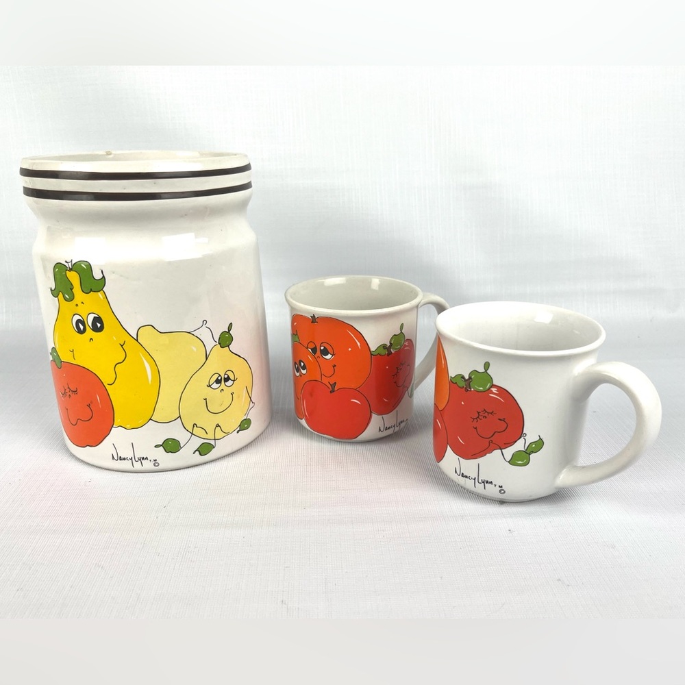 Nancy Lynn ‘Smiling Oranges’ Coffee Cup Mugs + Utensil Jar,Anthropomorphic, 70s
